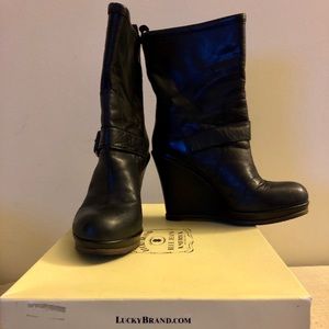 Lucky sz 7 genuine leather black wedge boots